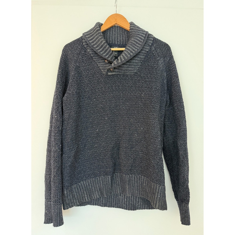H&M Mens Shawl Neck Sweater Charcoal Gray Marl Knit Pullover Button Collar Large
